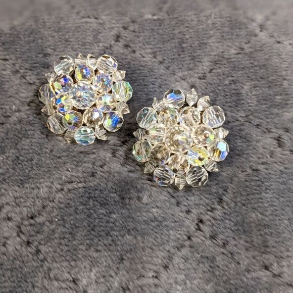 Jewelry - Vintage 1950's Aurora Borealis Crystal Round Button Clip Earrings